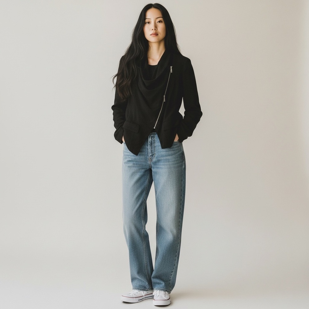 Vintage Y2k Zip up Assymetrical black blazer waterfall collar interview outfit - Picture 3 of 12